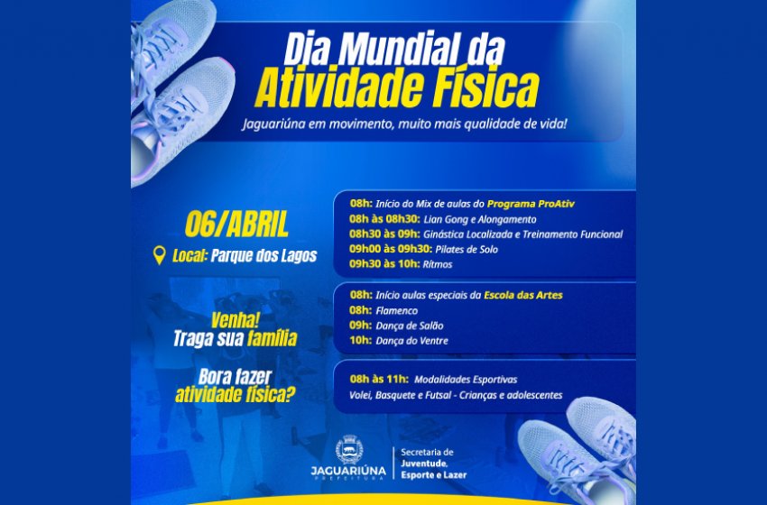 DIA MUNDIAL DA ATIVIDADE FÍSICA ACONTECE DOMINGO NO PARQUE DOS LAGOS